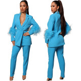 Fall Women Feather Blazer and Pant Two Piece
