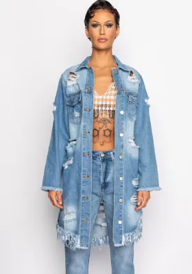 Women Ripped Fringed Long Sleeve Denim Jacket