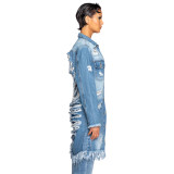 Women Ripped Fringed Long Sleeve Denim Jacket