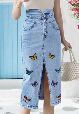 Women Slim Denim Skirt Butterfly Print Slit Denim Skirt