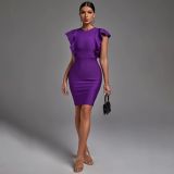 Women'S Women'S Short Sleeve Round Neck Ruffle Sleeve Slim Waist Sexy Purple Dress