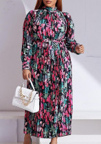 Plus Size Women'S Fall Winter Long Sleeve Printed Pleated Belt Maxi Dress