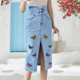Women Slim Denim Skirt Butterfly Print Slit Denim Skirt
