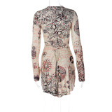 Women'S Fall Winter Vintage Print Round Neck Long Sleeve Casual Dress