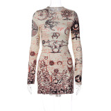 Women'S Fall Winter Vintage Print Round Neck Long Sleeve Casual Dress