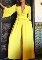 Yellow Jumpsuit Loose Chic Career V-Neck Wide Leg Romper