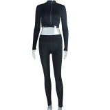Fall/Winter Solid Color Long Sleeve Zipper Crop Top Tight Fitting Pants Two Piece Casual Tracksuit