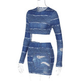 Women'S Fall Winter Style Print Long Sleeve Crop Top Short Skirt Two-Piece Set
