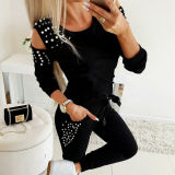 Autumn Casual Suit Sexy Beaded Solid Color Round Neck Long Sleeve Suit For Women