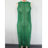 Holidays Sexy Solid Color Round Neck Sleeveless Breathable Knitting Long High Slit Dress Beach Sun Protection Cover-Up