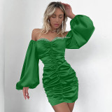 Women'S Winter Fashion Sexy Off Shoulder Low Back Ruched Long Sleeve Bodycon Dress