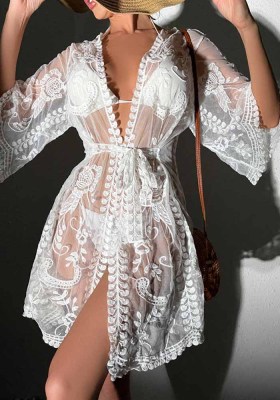 See-Through Hollow Lace-Up Sexy Lace Short Cardigan Beach Sunscreen Cover-Up