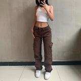 Brown Pocket Cargo Style Denim Pants Retro American Wide Leg Pants