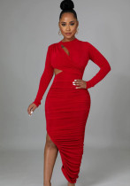 Women Solid Color Pleated Round Neck Cut Out Long Sleeve Maxi Dress