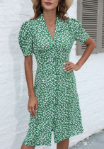 Women Summer Printed V-neck Short Sleeve Polka Dot Midi Dress