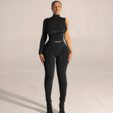 Ladies Fleece Casual Turtleneck One Sleeve Top and Pant Two Piece
