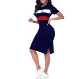 Women Summer Color Block Short Sleeve Casual Dress