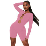 Women Spring Round Neck Ribbed Cutout Jumpsuit