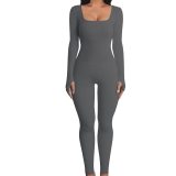 Women Sexy Ribbed Square Neck Slim Jumpsuit