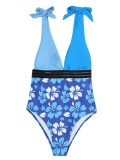 Color block print high waist sexy one piece bikini swimsuit for women
