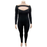 Plus Size Women'S Casual Solid Long Sleeve Black Jumpsuit