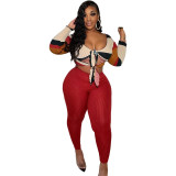 Women Sexy Ribbed Print Lace-Up Long Sleeve Top And Pant Two Piece Set