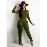 Women Casual Tassel Long Sleeve Top And Pant Two Piece Set
