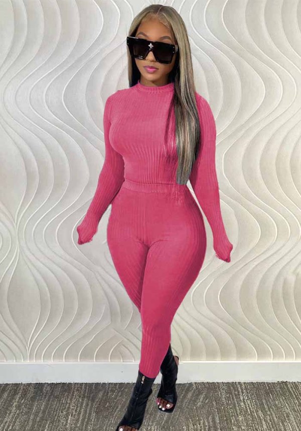 Women Clothing Casual Solid Ribbed Long Sleeve Top And Pant Two Piece Set