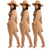 Women Clothing Casual Lace Up Pleated Long Sleeve Crop Top And Pant Two Piece Set