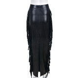 Women Tassel Slit Stretch Pu-Leather Skirt