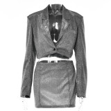 Sexy Suit Set Autumn Winter Fashion Turndown Collar Long Sleeve High Waist Two Piece Skirt Set