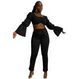 Women Casual Pleated Bell Bottom Sleeve Crop Top And Pant Two Piece Set