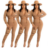 Women Clothing Casual Lace Up Pleated Long Sleeve Crop Top And Pant Two Piece Set