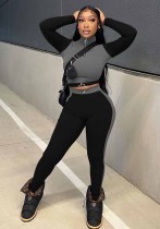 Women Clothing Color Block Long Sleeves Top And Pant Two Piece Set