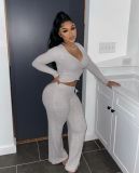 Women V Neck Long Sleeves Top And Pant Two Piece Set