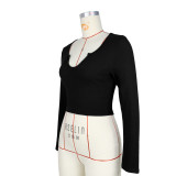 Women's Nightclub Fashion Comfortable Solid Ribbed U-Neck Long Sleeve Short Top