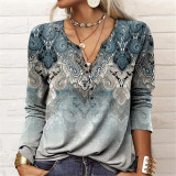 Autumn and winter women's long sleeve printed ethnic fashion t-shirt