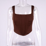 Strap Vest Women's Fishbone Square Neck Crop Short Strap Top