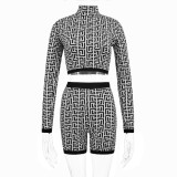 Women's autumn and winter fashion style printing slim waist Crop two-piece set
