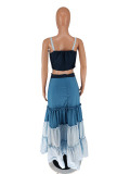Summer Color Contrast Strap Wrap Chest Vest Top Maxi Skirt Two Piece Set