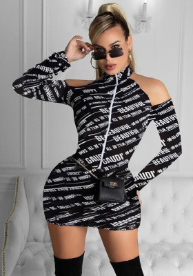 Women'S Fashion Letter Print Sexy Zipper Cutout Off Shoulder Casual Dress