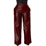 Women'S Clothes Autumn/Winter Solid Color Loose Wide Leg Pocket Pu Leather Pants