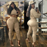 Solid Sexy Tight Fitting Cropped Hoodie Tracksuits Casual Two-Piece Pants Set
