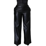 Women'S Clothes Autumn/Winter Solid Color Loose Wide Leg Pocket Pu Leather Pants