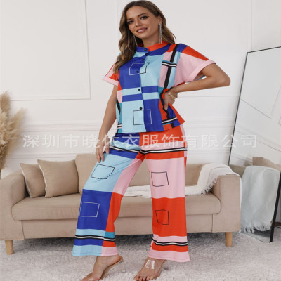 Women Printed Short Sleeve Shirt And Pant Two Piece Set