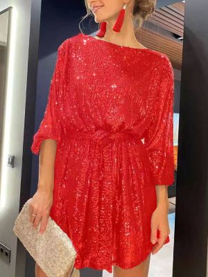 Women Casual Solid Lace-Up Sequin Embroidery Dress