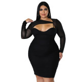 Plus Size Women Cutout Irregular Mesh Long Sleeve Bodycon Dress