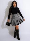 Women Winter Retro Contrast Print Top And Skirt Two-Piece Set