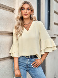 Women spring and summer loose v-neck Ruffle Sleeve Top