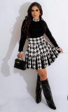 Women Winter Retro Contrast Print Top And Skirt Two-Piece Set